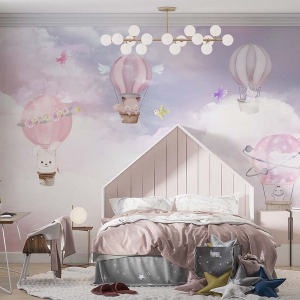 Cute Animals Flying On Pink Purple Clouds Wallpaper, Flying balloon Pattern Children's Wallpaper, Children's Wallpaper, Sweet Wallpaper