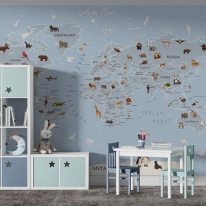 Weltkarte Tapete der Kinder auf einem blauen Hintergrund, Tapete Wandbild der blauen Weltkarte, schälen und aufkleben entfernbar selbstklebend