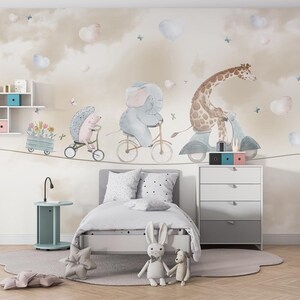 Papel pintado autoadhesivo para habitación de niños con bonitos animales bebés montando en bicicleta en la cuerda floja, jirafa, elefante, erizo, azul, rosa, corazones