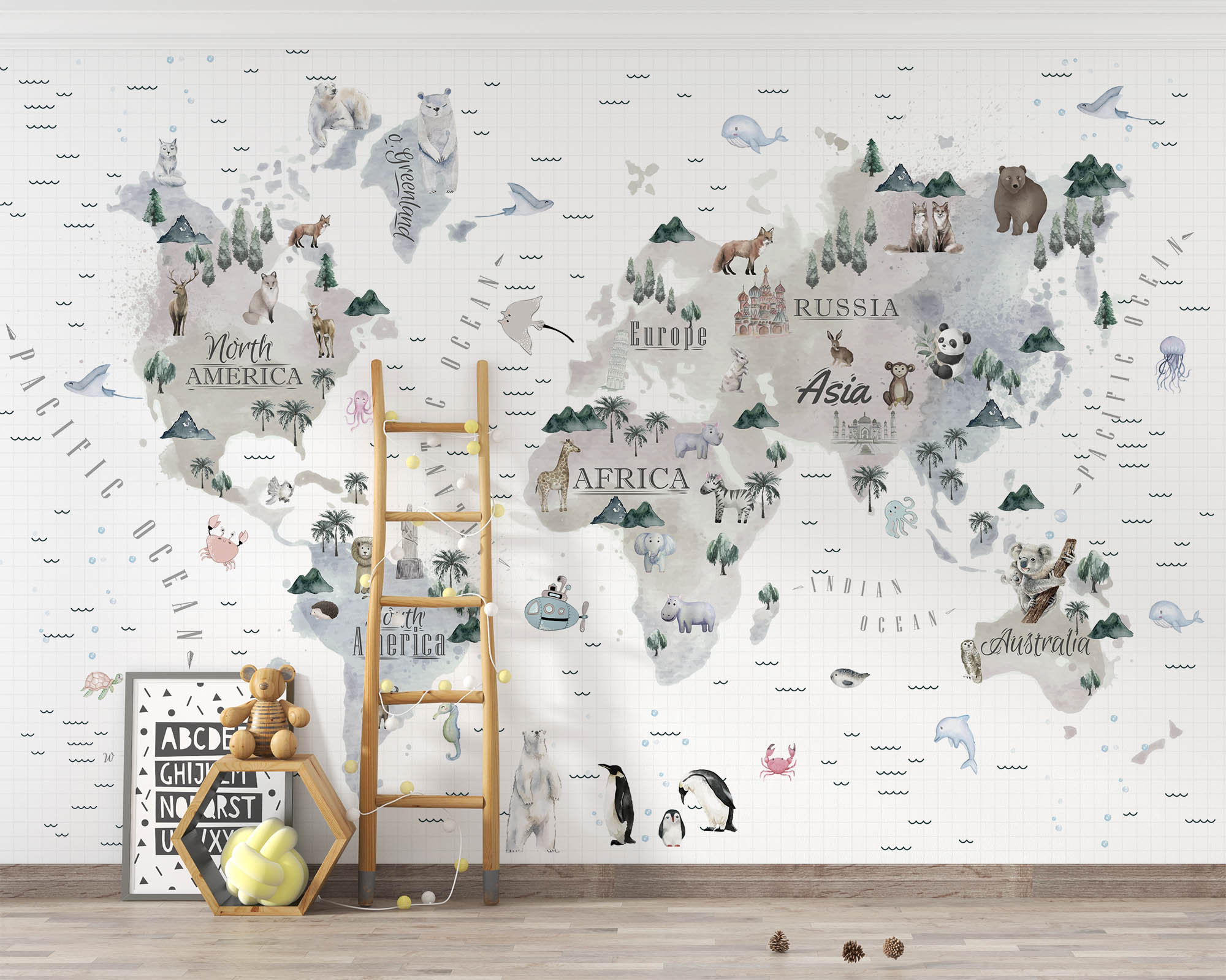 Kids World Map Wallpaper, Educational Animals Icons, Peel and Stick - Etsy