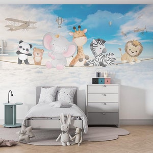 Papel de parede de animais fofos sentados na corda, leão, girafa, elefante, panda, balões voadores, papel de parede autoadesivo para quarto de bebê