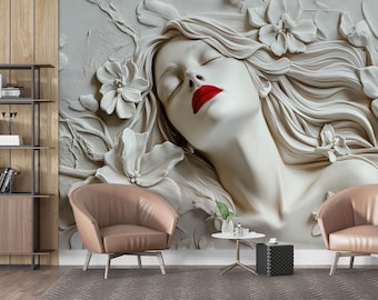 3D Woman Floral Art Wallpaper, Modern Peel and Stick Wall Mural