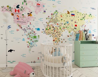 Kids World Map Wallpaper, Country Flags, Educational Decor