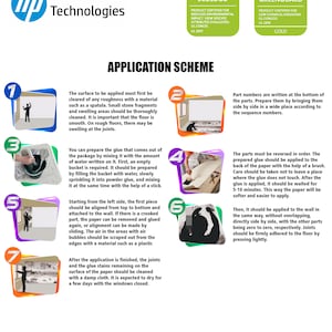 K&ouml;nnte beinhalten: Eine Anleitung f&uuml;r HP Latex Technologies, die das Anwendungsschema f&uuml;r ein Produkt zeigt. Das Schema umfasst Schritte zur Oberfl&auml;chenvorbereitung, zum Mischen des Klebers und zum Auftragen des Papiers, mit UL ECOLOGO- und GREENGUARD GOLD-Zertifizierungen.