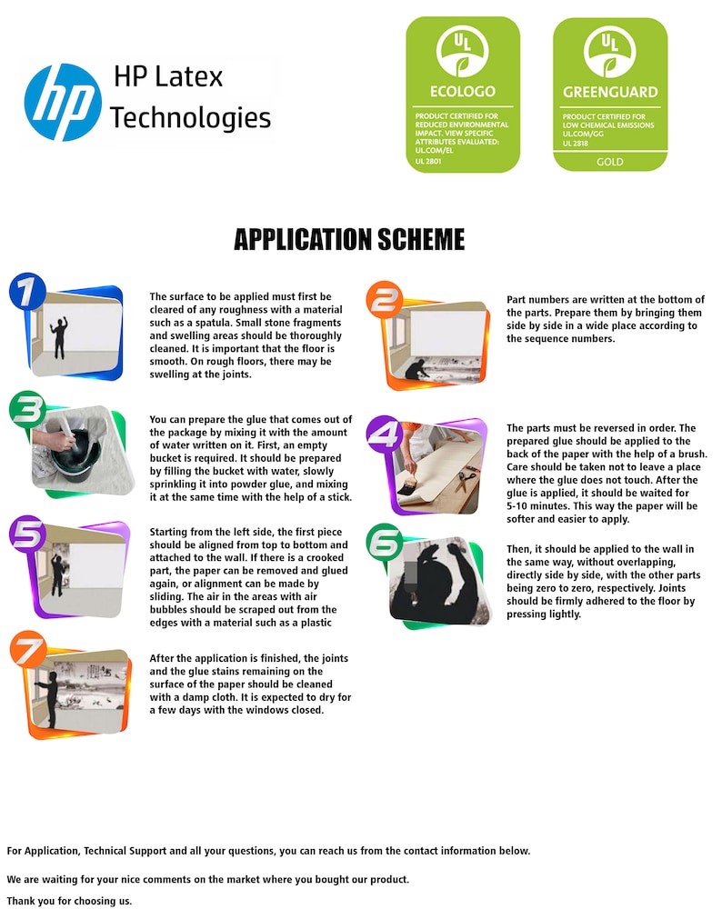K&ouml;nnte beinhalten: Eine Anleitung f&uuml;r HP Latex Technologies, die das Anwendungsschema f&uuml;r ein Produkt zeigt. Das Schema umfasst Schritte zur Oberfl&auml;chenvorbereitung, zum Mischen des Klebers und zum Auftragen des Papiers, mit UL ECOLOGO- und GREENGUARD GOLD-Zertifizierungen.