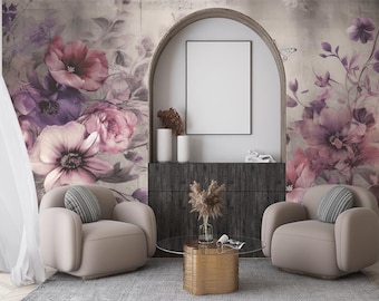 Lilac Floral Butterfly Wallpaper, Vintage Peel and Stick Wall Mural
