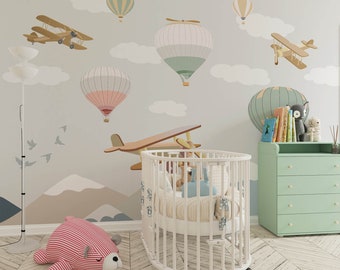 Hot Air Balloons Kids Wallpaper, Airplanes, White Clouds, Peel and Stick