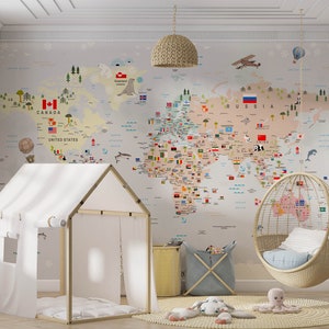Kinderzimmer-Weltkarte, Länderflaggen-Tapete, Weltkarte und Tiere-Tapete auf grauem Hintergrund