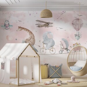 Tiere, die auf Seil-Tapete radfahren, Kaninchen im Ballon, der auf rosa Wolken fliegt, Spielzimmer-Tapete Kinder Schälen und Kleben-Kinderzimmer-Wandbild