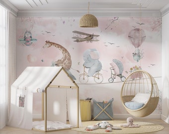 Animals Cycling Wallpaper, Pink Cloud Nursery Mural (Peel and Stick)