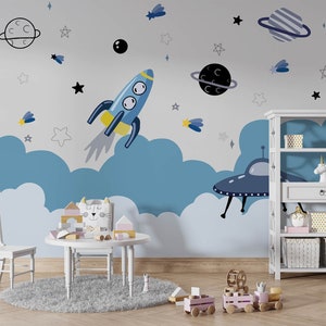Carta da parati per bambini con motivi spaziali, Carta da parati per bambini a tema spaziale, Razzi, stelle e pianeti