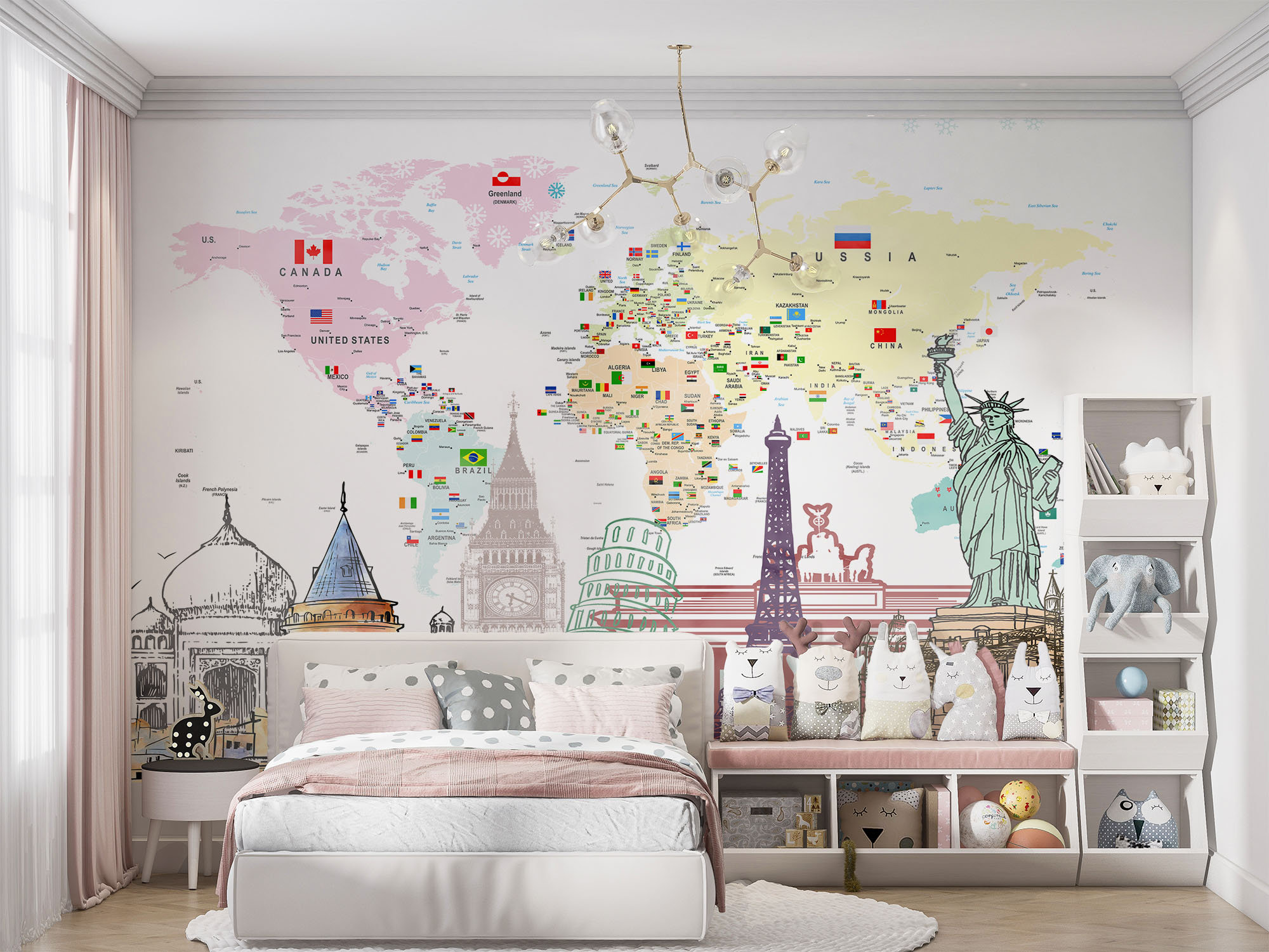 Educational World Map Wallpaper for Kids Rooms, Kids Map World Famous ...