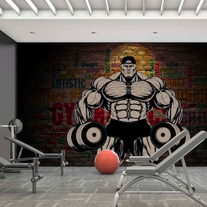 Body Building Fitness Gym Wallpaper, Man Lifting Weights Wallpaper, Self Adhesive Wallpaper Extra Large Peel & Stick