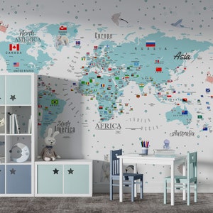 Eine Kinder-Weltkarte mit Länderflaggen auf weißem Hintergrund, Kinder-Wandbild, bunte Tier-Weltkarte, Kinderzimmer, Spielzimmer