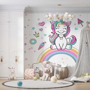 Eenhoorn kinderkamerbehang, eenhoorn regenboogbehang Peel and Stick behang, roze hart İce Cream Candy en sterren meisjeskamerbehang