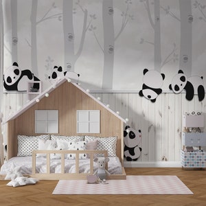 Carta da parati con panda che giocano nella foresta, carta da parati con panda carini Camera dei bambini Carta da parati con alberi staccabili e incollati Decorazione della parete della scuola materna