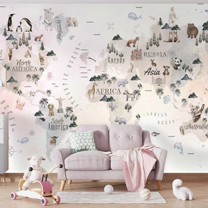 Kinderzimmer-Weltkarte und Tiere-Tapete, Kinderkarte weltberühmte Symbole Tiere-Wandbild, selbstklebend, abnehmbar, Kinderzimmer