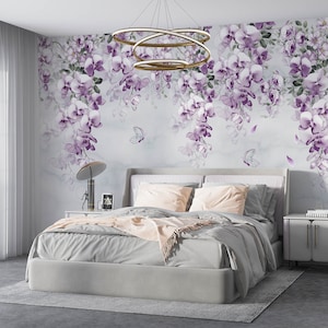 Papier peint fleurs violettes, papier peint fleurs d'été peel and stick, décoration murale fleurs florales aquarelle, décoration murale douces fleurs de pivoine