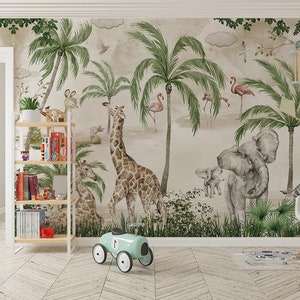 Tropische jungle wildlife safari olifant giraffe zebra flamingo konijn vogels zelfklevend behang, levendig tropisch jungle behang