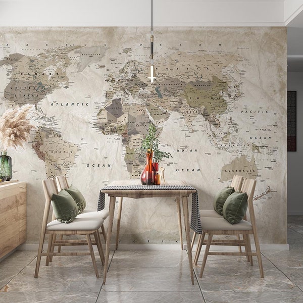 Detailed World Map Wallpaper, Vintage Map Wallpaper, Political World Map, Self Adhesive Peel and Stick Wall Murals, Office Wallpaper