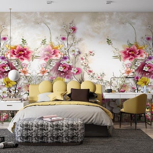 Papier peint fleurs colorées sur fond beige, papier peint fleurs colorées bohème, décoration murale autocollante déco murale