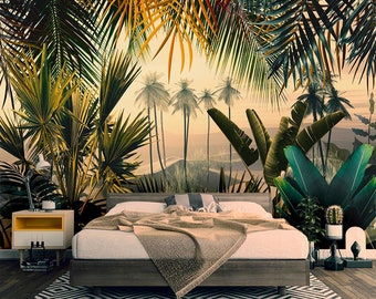 May include: A bedroom with a tropical mural featuring palm trees and lush foliage. A bed with a beige blanket and a wooden frame is in the foreground.