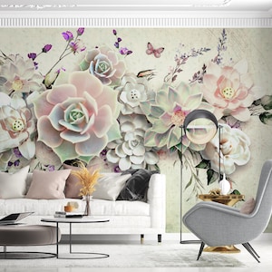 Carta da parati colorata con grandi fiori e farfalle, carta da parati con fiori colorati e foglie tropicali, carta da parati adesiva