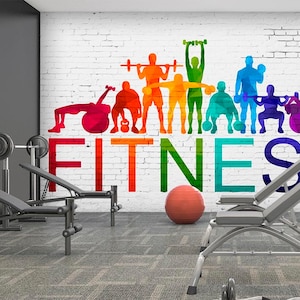 Scritte colorate su carta da parati per palestra in mattoni bianchi, carta da parati per fitness, carta da parati rimovibile per palestra, carta da parati autoadesiva, carta da parati staccabile e incollata