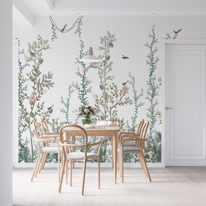 Vintage Decor Wallpaper Wall Mural, Birds On Tropical Trees, Vintage Wallpaper, Boho Wallpaper, Botanical Garden Wallpaper