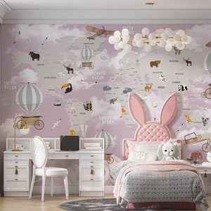 Kinderzimmer-Weltkarten-Tapete, Weltkarten-Tapete mit fliegenden Luftballons auf rosa Wolken, Wandbild zum Abziehen und Aufkleben