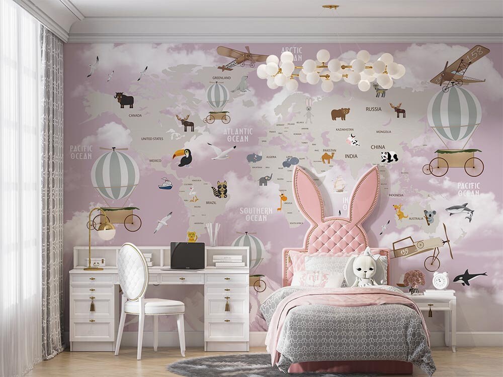 Educational World Map Wallpaper for Kids Rooms - Etsy