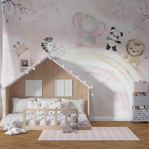 Niedliche Tiere spielen auf rosa Regenbogen-Kinderzimmer-Tapete, Giraffe-Elefant-Zebra-Panda-Löwe-Babyzimmer-Tapete selbstklebend