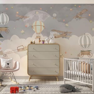Kids Wallpaper, Balloons And Stars Flying Over Gray Mountains, Starry Night Sleep Wallpaper, Peel and Stick Wallpaper
