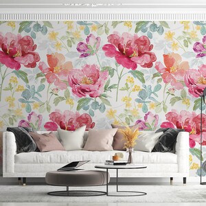 Papier peint floral coloré à l'aquarelle, Papier peint mural Grandes fleurs | Autocollant | Peler et coller | Amovible