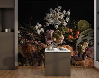 Mural de papel pintado floral autoadhesivo, flores oscuras de lujo
