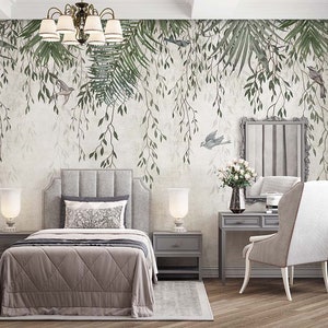 Tropical Leaves and Birds Wallpaper, Green Hanging Leaves and Birds Wall mural, Boho Watercolor Floral Botanical Self Adhesive Wallpaper