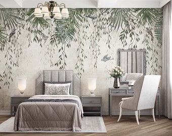 Tropical Leaves and Birds Wallpaper, Boho Botanical Wall Mural
