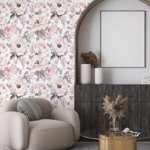 Papier peint floral pivoine rose pâle et blanc autocollant autoadhésif, papier peint fleurs, papier peint floral rose rose