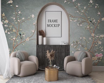 Green Chinoiserie Wallpaper, Vintage Birds Trees Floral, Peel and Stick