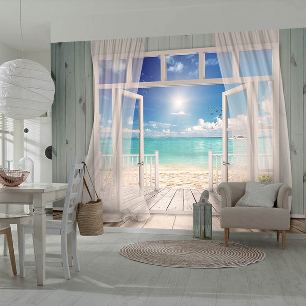 Seascape And Tropical Trees 3d Wallpaper, Window To The Sea Wallpaper, Summer Beach Balcony Scenery Peel and Stick