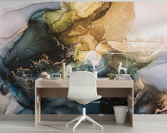 Green Blue Gold Marble Wallpaper, Abstract Removable Wall Mural