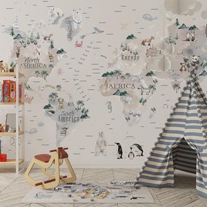 Papel de parede do mapa do mundo do quarto das crianças, papel de parede do mapa do mundo arquitetura abstrata casca e vara decoração da parede berçário removível
