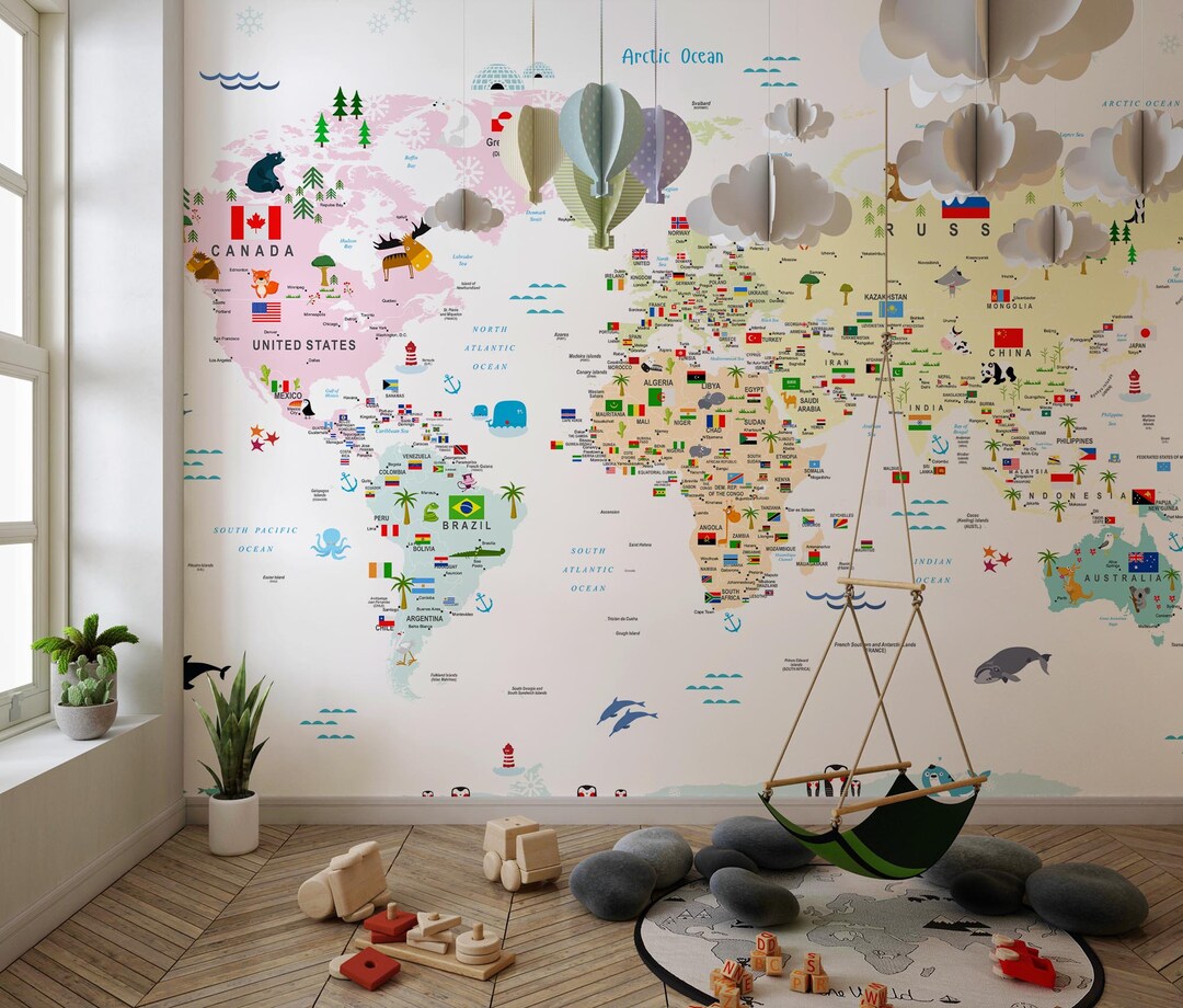 Children's World Map Wallpaper With Country Flags on White Background ...