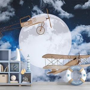Aerei alati sopra la luna per la progettazione delle camerette dei bambini, carta da parati per la cameretta dei bambini con la luna piena, decorazioni murali con nuvole e stelle,