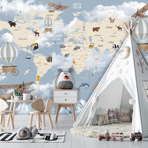 Carte du monde pour enfants avec avion sur un nuage bleu, papier peint carte du monde avec ballon volant et modèle animal auto-adhésif