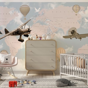 Carta da parati con mappa del mondo per bambini con aeroplano con nuvole blu, carta da parati con palloncini per aeroplani, decorazioni murali autoadesive staccabili e incollabili