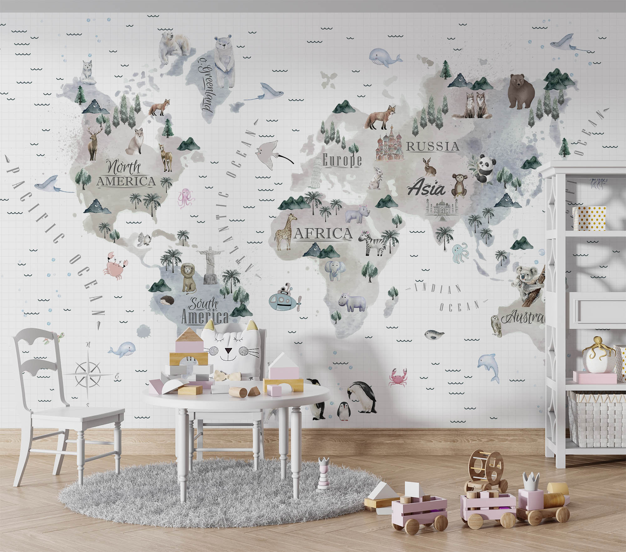 Kids World Map Wallpaper, Educational Animals Icons, Peel and Stick - Etsy