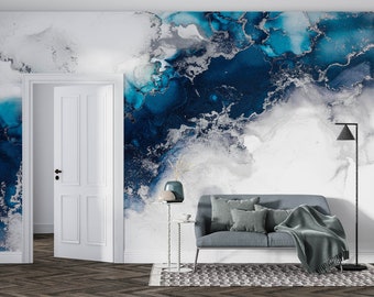 Navy Blue Marble Wallpaper, Abstract Art, Peel and Stick Wall Mural