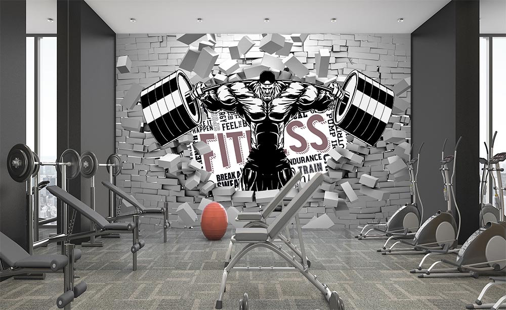 3d Dumbbell Gym Wallpaper, A Man Emerging From The Wall And Lifting A Barbell, Fitness Wallpaper,  Studio Wallpaper