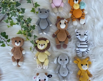 Crocheted animal figures | Amigurumi | Animals | Lion | Tiger | Bear | Elephant | Giraffe | Lion | Hippo | Zebra | Monkey | Gift | VividPlaceShop